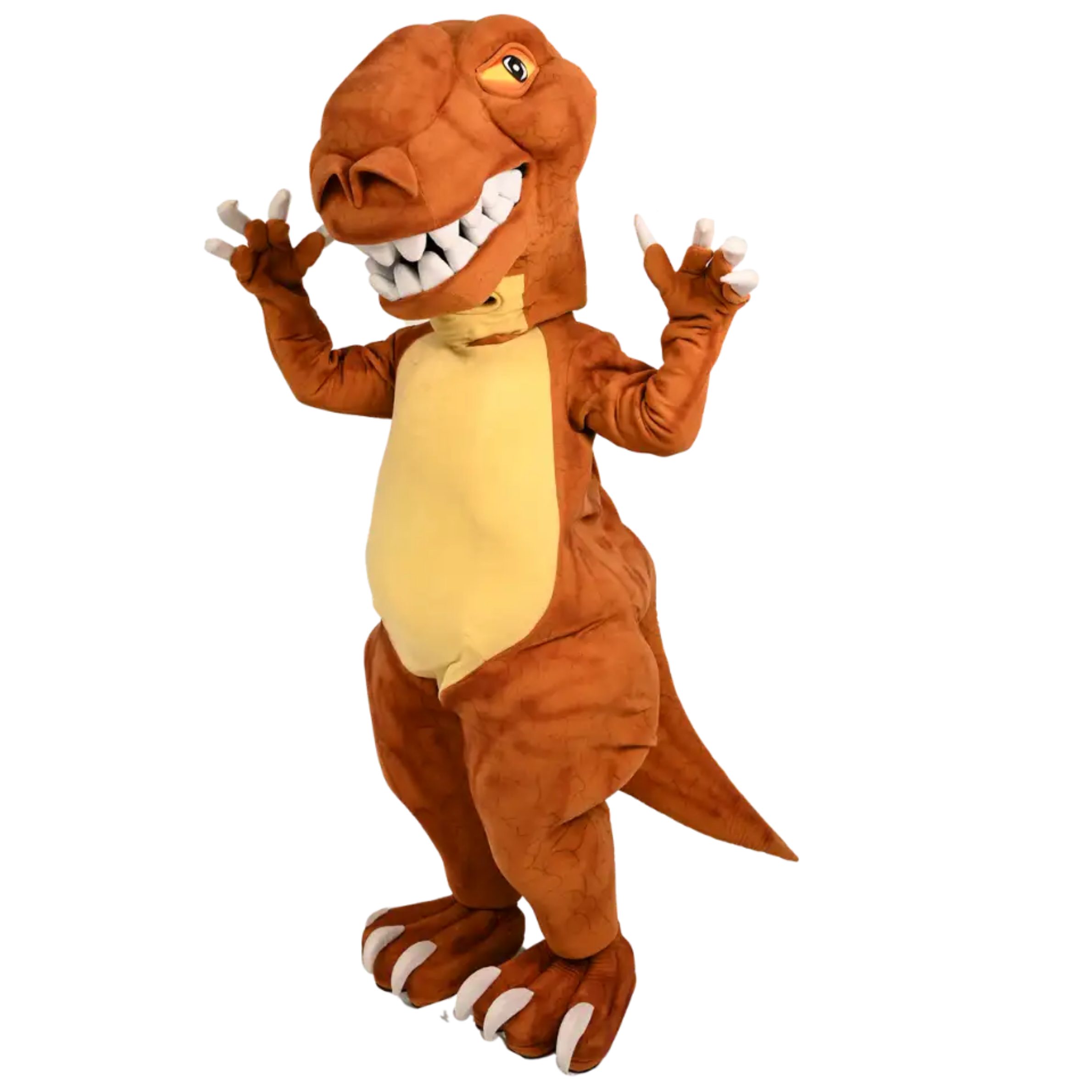 Brown dinosaur mascot character with a friendly face, large eyes, textured skin, and a playful cartoon-style appearance standing in a cheerful pose.