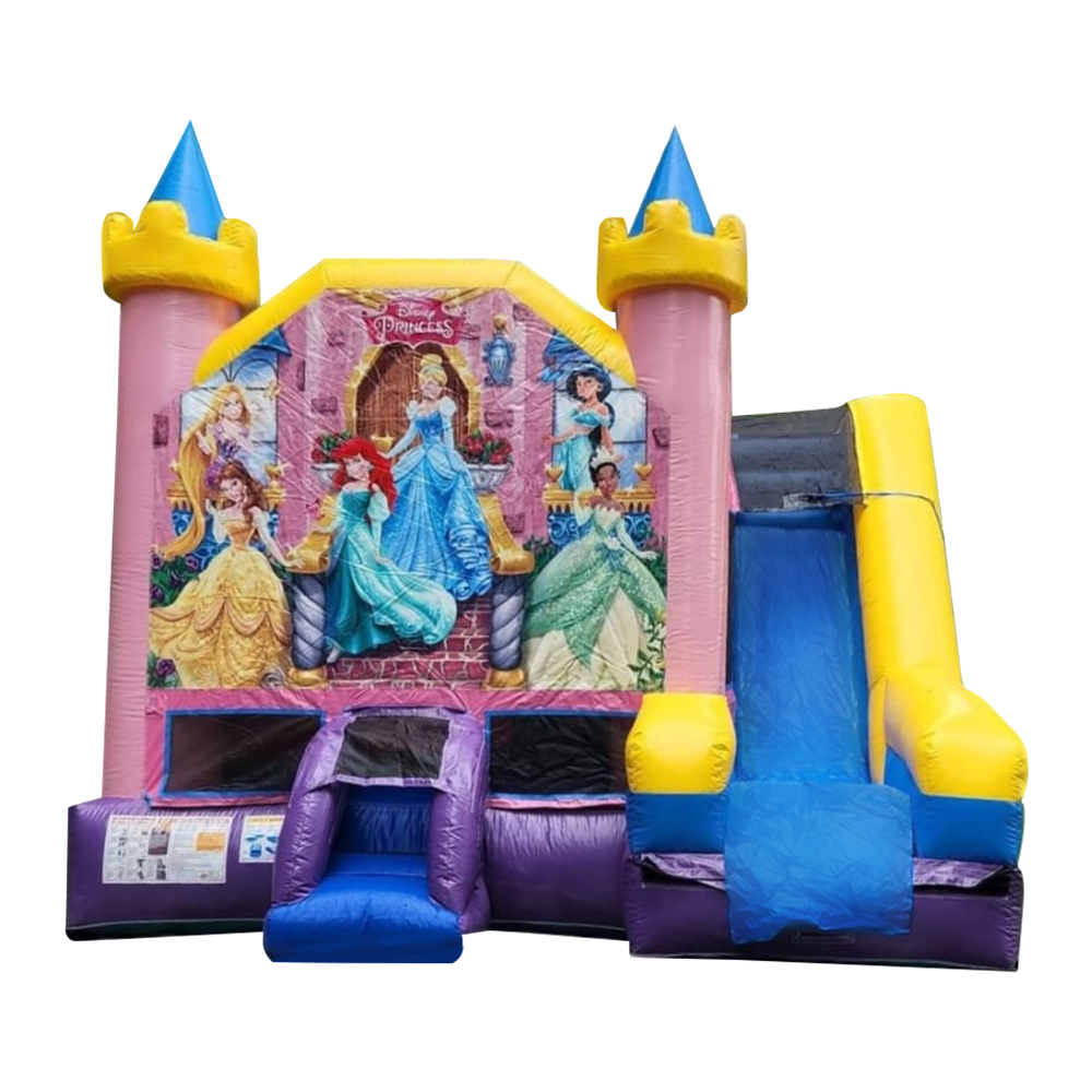 Disney Princess themed inflatable bounce house and slide with a bounce area, climbing section, slide, and colorful princess graphics