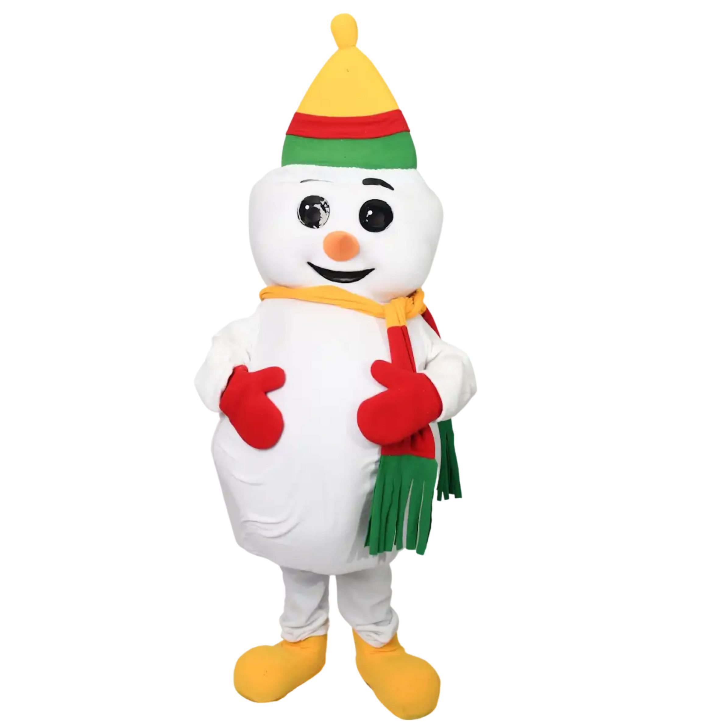 Frosty the Snowman mascot character with a white snowman body, black top hat, carrot nose, scarf, buttons, and a cheerful smiling expression.