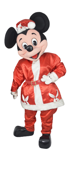 Holiday Mickey Mouse mascot character wearing festive holiday clothing, with classic round ears, a cheerful smile, and a seasonal celebration-inspired design.