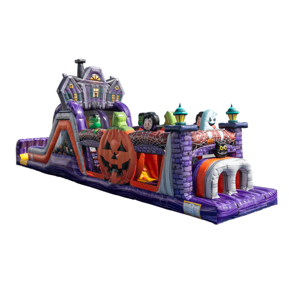 47-foot Halloween inflatable obstacle course with haunted house, pumpkins, ghosts, spider webs, and spooky characters.
