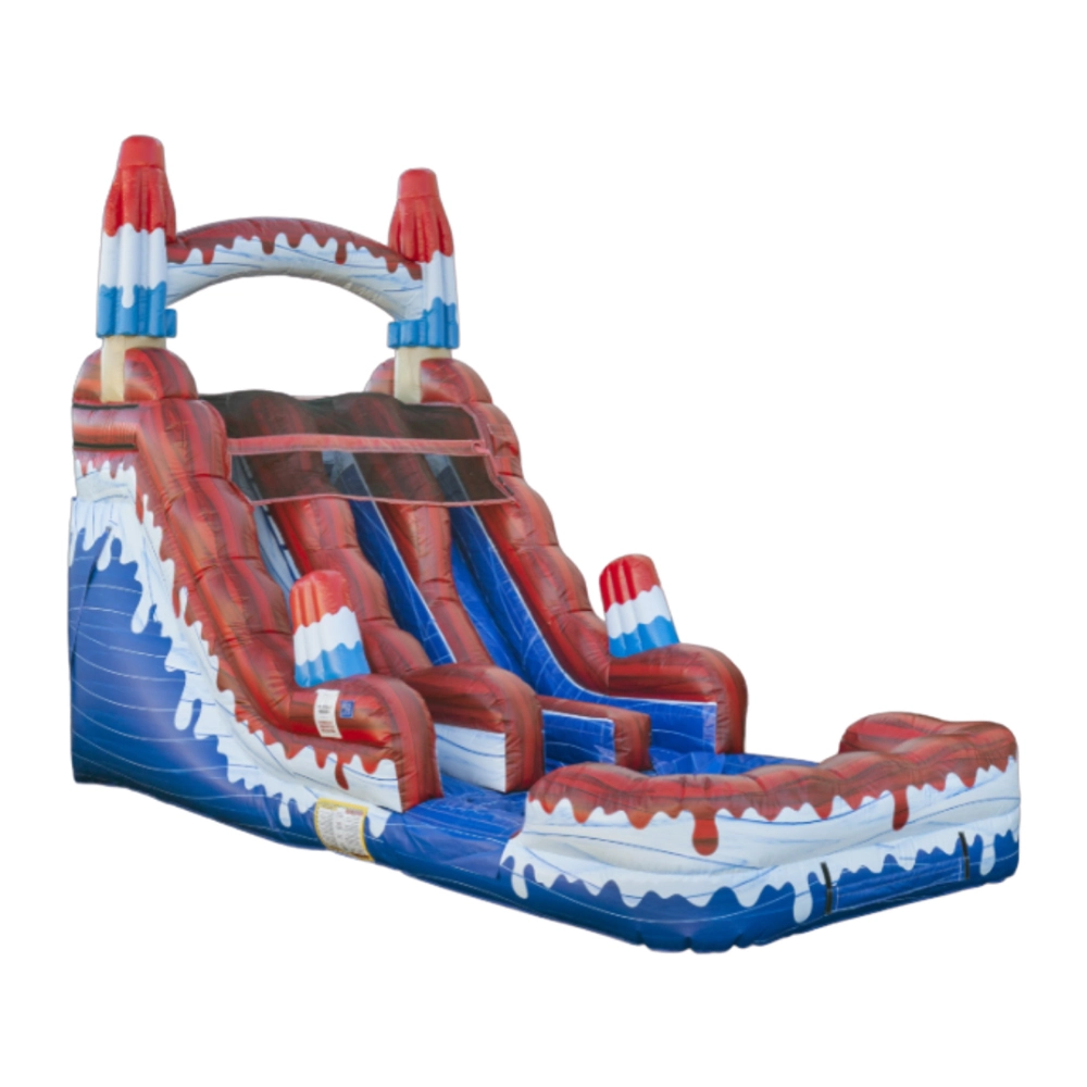 Bright popsicle-themed inflatable waterslide with two lanes