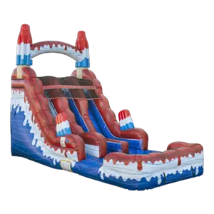 Kids racing on colorful dual lane water slide at party