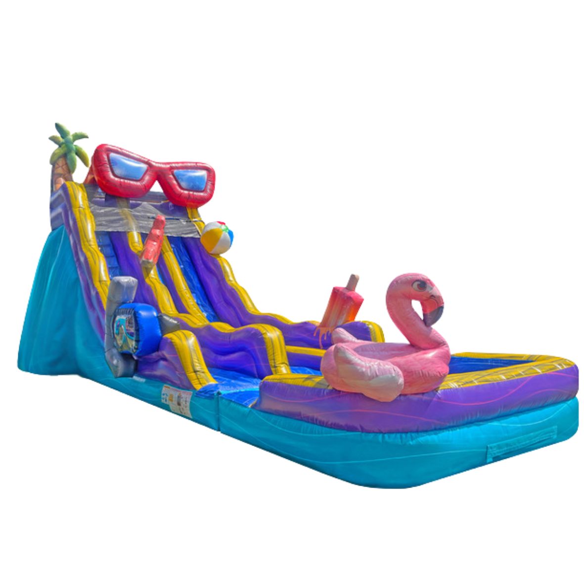 A dual-lane pool party waterslide with colorful slides leading into a bright swimming pool filled with fun decorations.