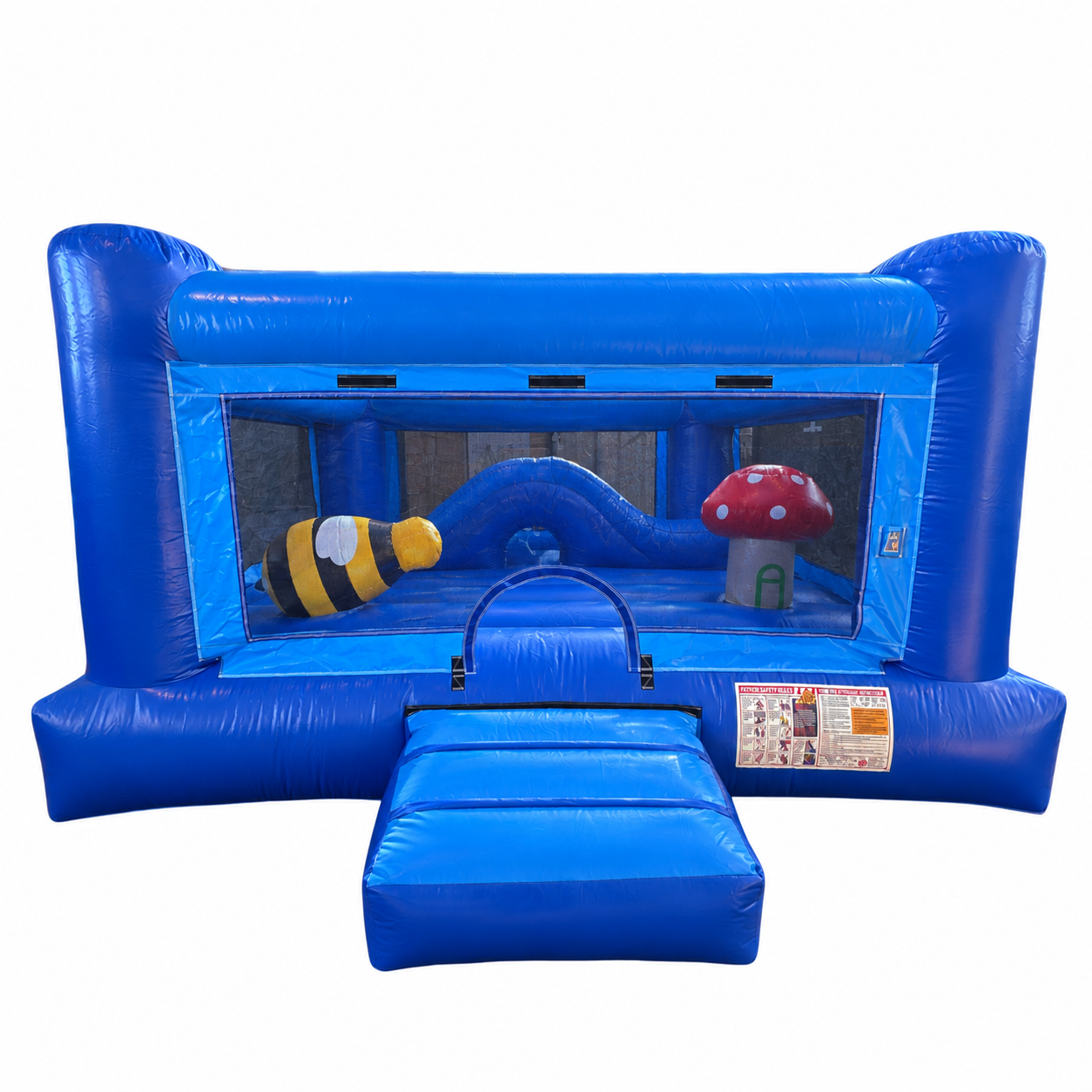 Blue indoor inflatable playland with themed pop up obstacles, a mini slide, soft play features, and mesh windows for younger children.