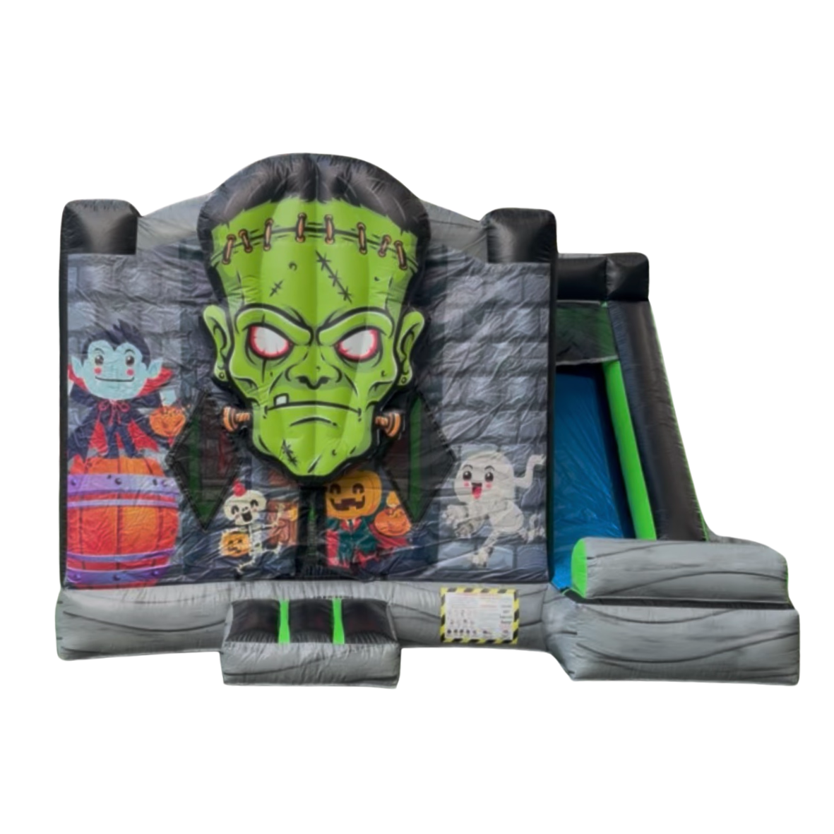 Frankenstein-themed Halloween inflatable bounce house and slide with pumpkins, ghosts, skeletons, and spooky characters.
