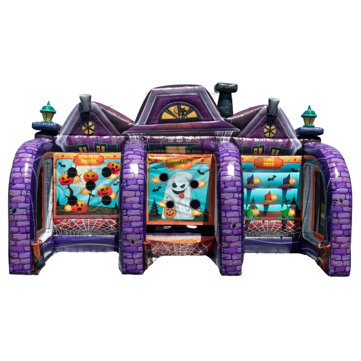 Halloween 3 in 1 inflatable game featuring Pumpkin Smash, Ghost Ball Game, and Ring Toss challenges in a haunted house design.