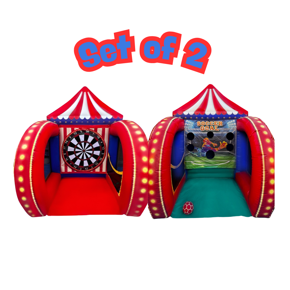 Inflatable Carnival Games set of 2 featuring a giant dartboard game and soccer goal challenge.