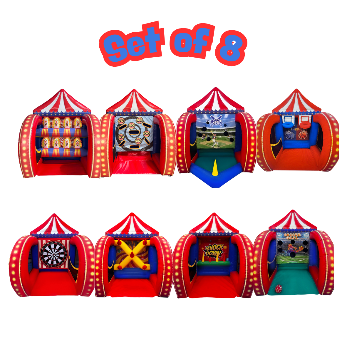 Inflatable Carnival Games Set of 8 featuring colorful interactive carnival skill games for schools, field days, festivals, parties, and large events.